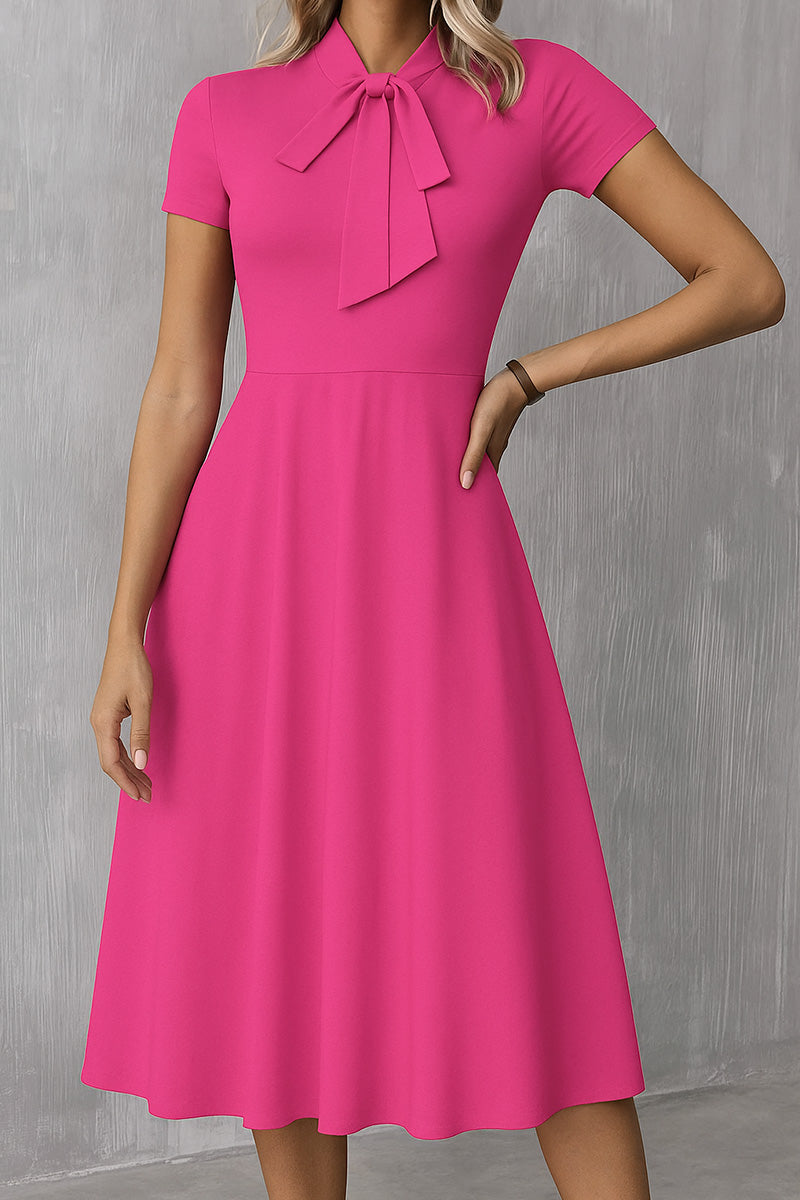 Solid Tie Neck Pleated Midi Dress