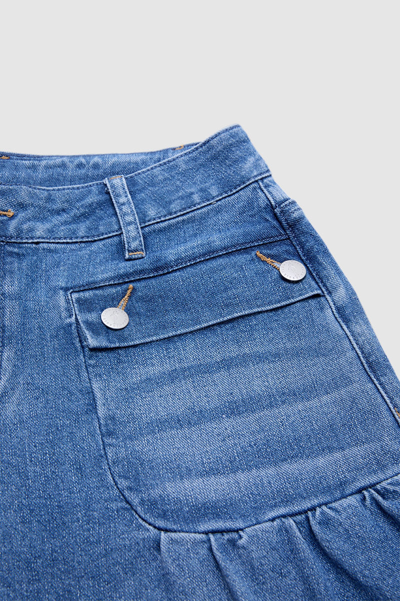 Flap Pocket Ruched Drawstring Mid Waist Balloon Leg Crop Jeans