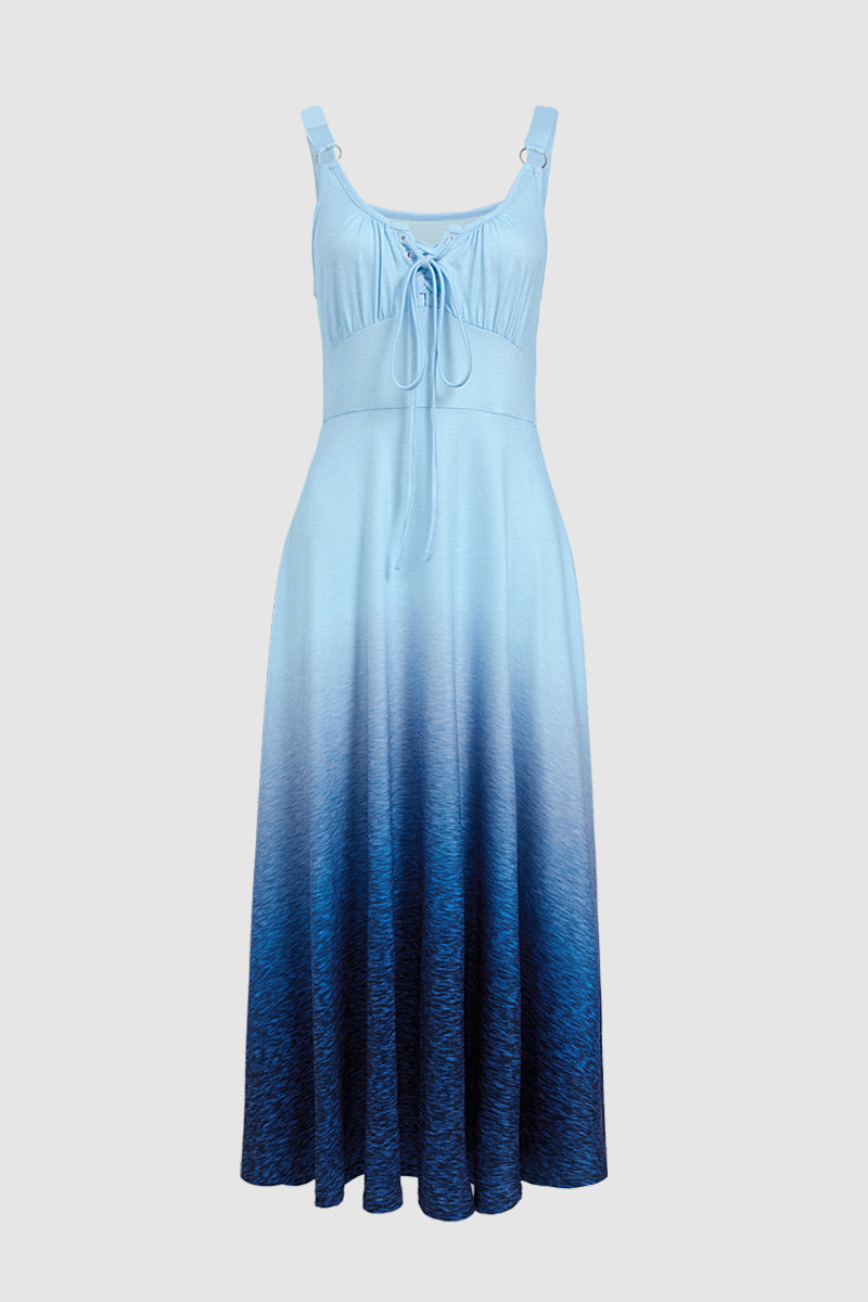 Ombre Lace Up Ruched Bust Ring Linked Backless Long Tank Dress