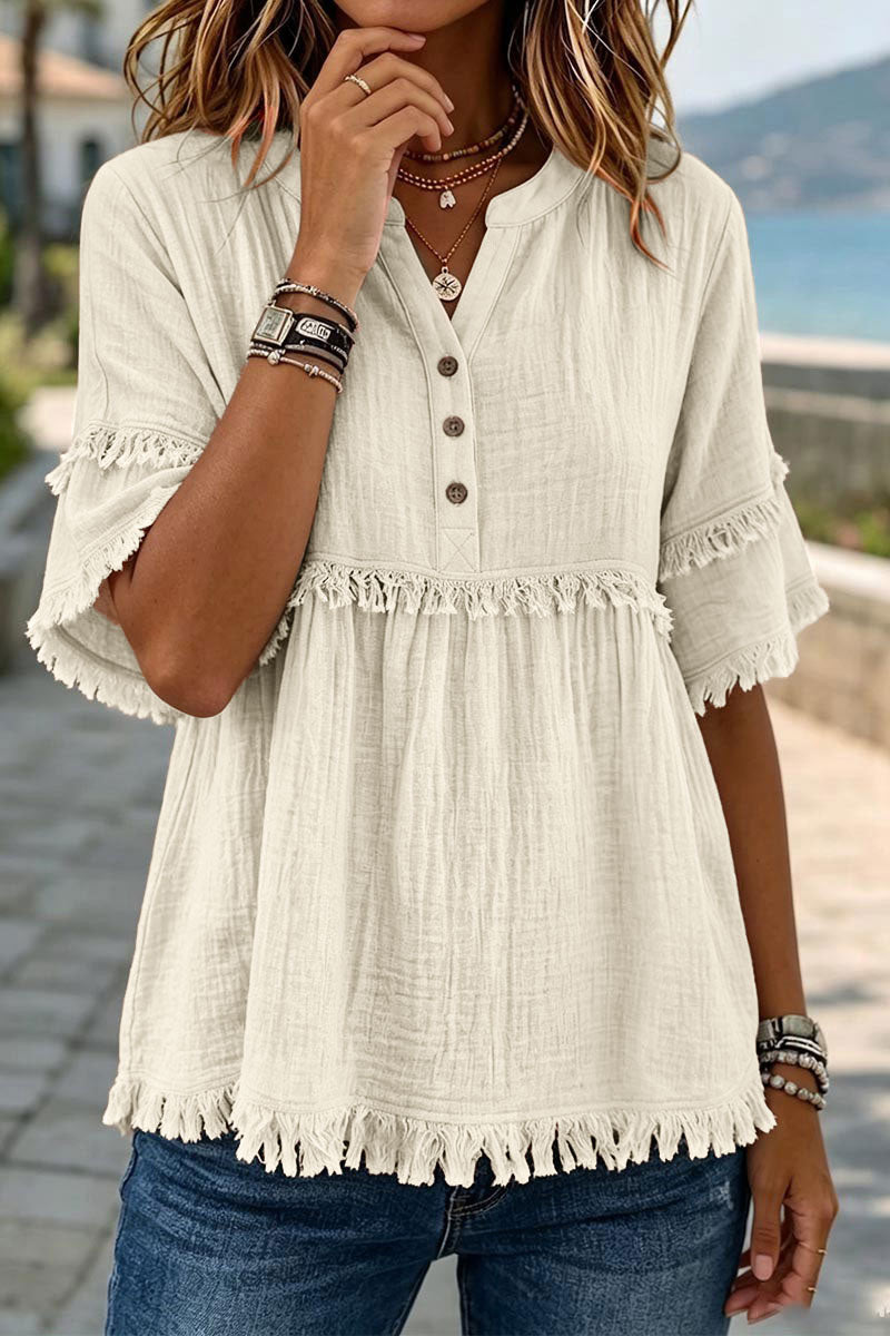 Solid Raw Hem Button Front Notched Neck Blouse