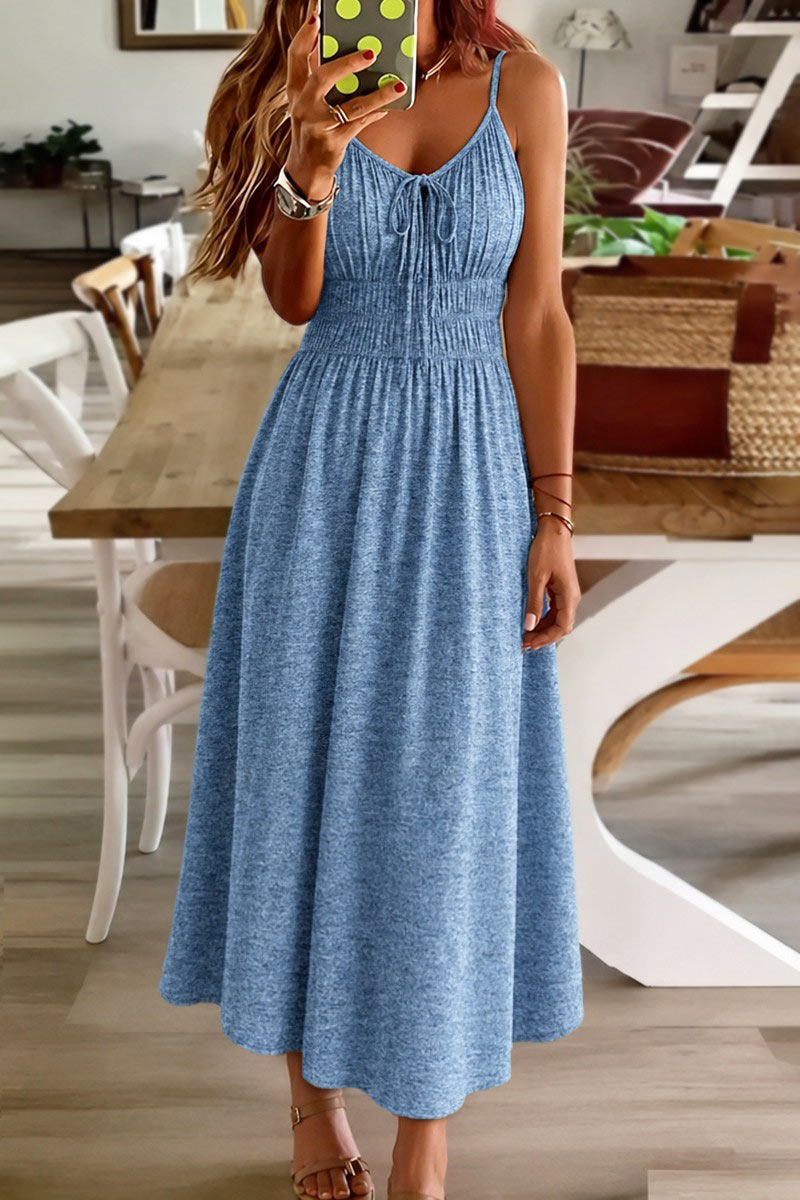 Drawstring Ruched Elastic V Neck Cami Long Dress